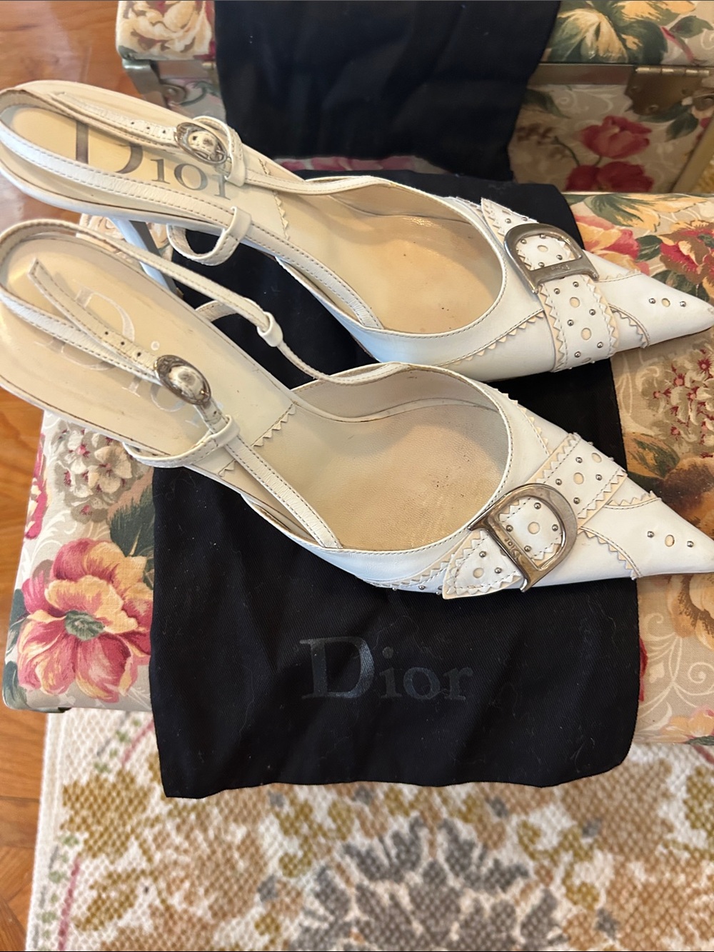 Dior White Pointed-Toe Studded Slingback Heels vintage - Picture 9 of 9